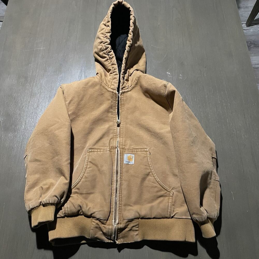 Carhartt FLAW Youth Medium 10-12 Jacket Hood Brown Quilted Lining Zip Canvas